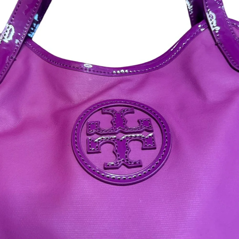 Tory Burch Purple Logo Coated Canvas Tote Bag Hobo - Picture 4 of 9